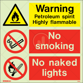 Warning Petroleum spirit No smoking No naked flames, Warning petrol, No smoking No naked flames